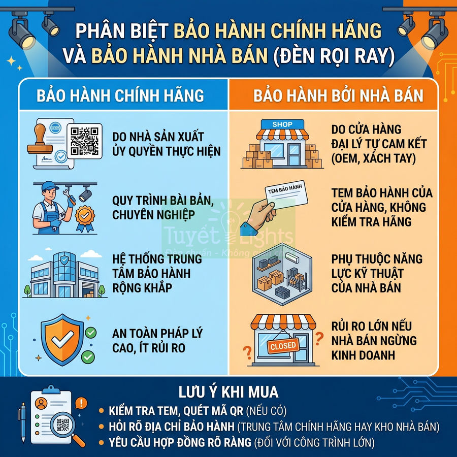 Infographic so sánh bảo hành chính hãng và bảo hành nhà bán cho đèn rọi ray, kèm lưu ý kiểm tra tem và địa chỉ bảo hành