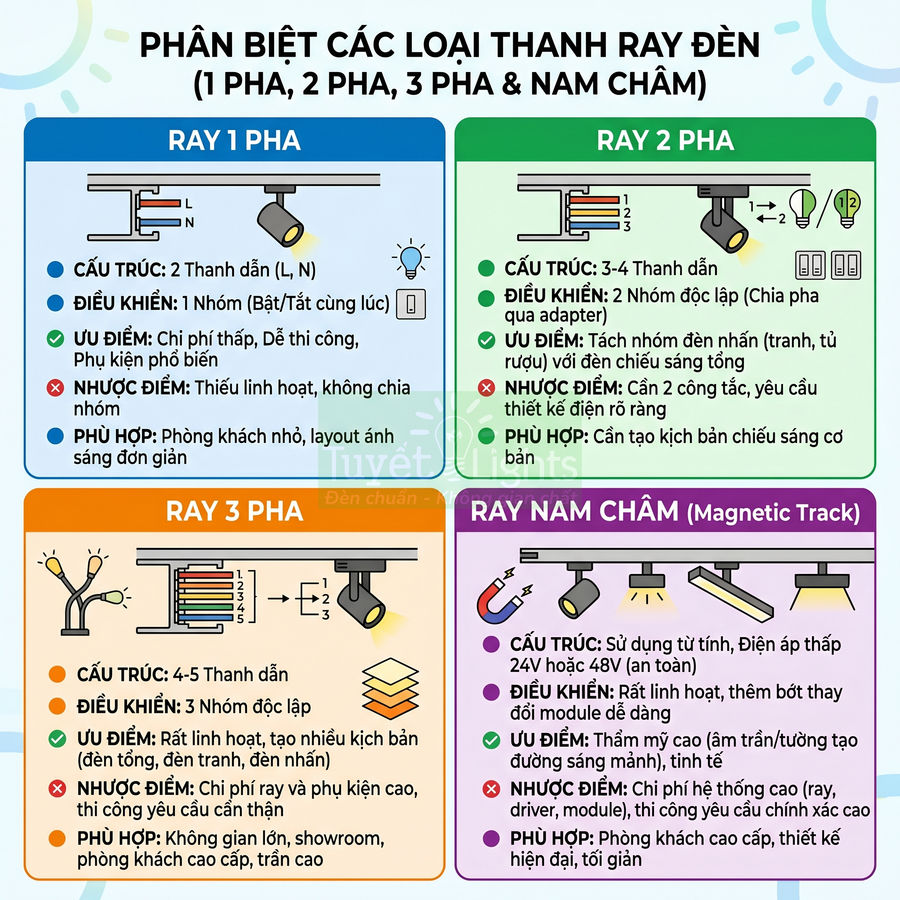 Infographic so sánh các loại thanh ray đèn 1 pha, 2 pha, 3 pha và ray nam châm cho hệ thống chiếu sáng