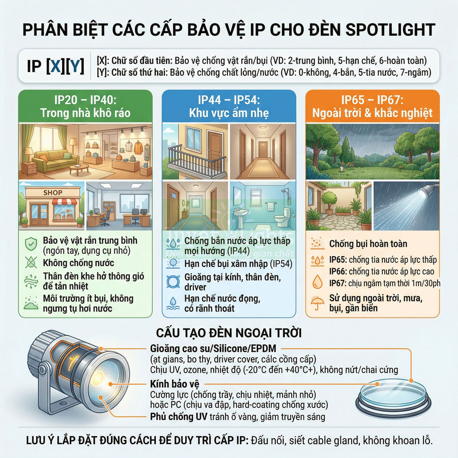 Đèn spotlight ngoài trời chống bụi nước với các cấp bảo vệ IP20 đến IP67 cho nhiều môi trường sử dụng