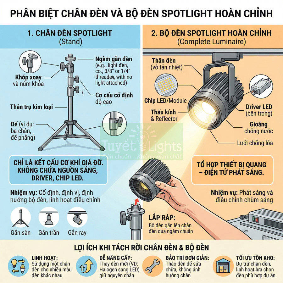 Infographic phân biệt chân đèn spotlight và bộ đèn spotlight hoàn chỉnh của Tuyết Lights