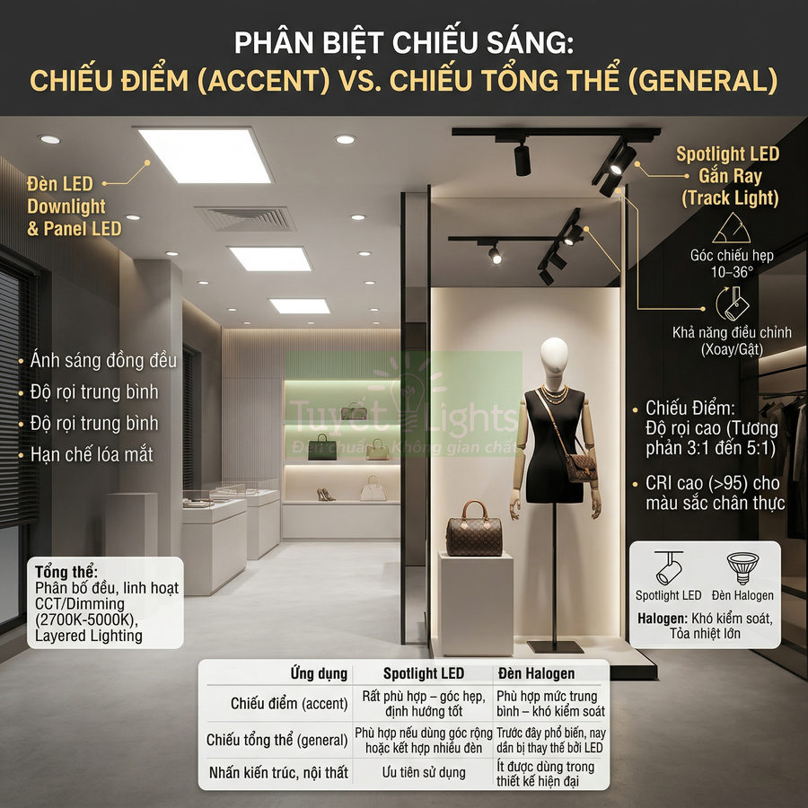 So sánh chiếu sáng tổng thể bằng đèn LED âm trần với chiếu điểm bằng spotlight LED trong cửa hàng thời trang