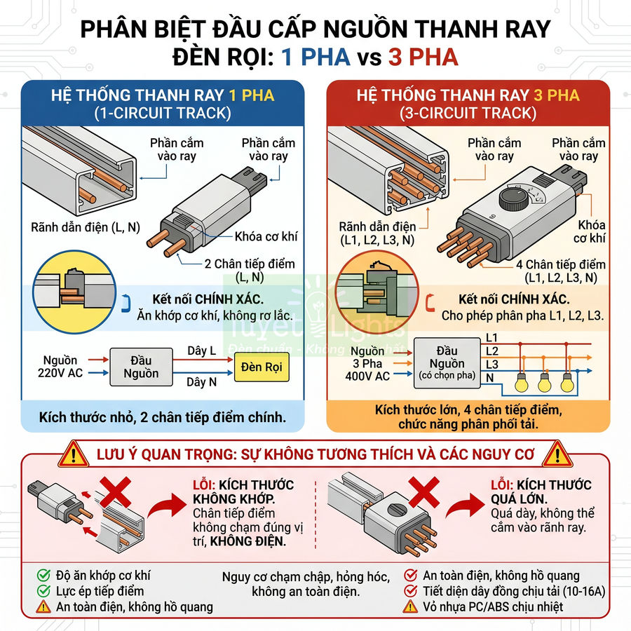 So sánh đầu cấp nguồn thanh ray đèn rọi 1 pha và 3 pha, cấu tạo chân tiếp điểm và cảnh báo lắp sai