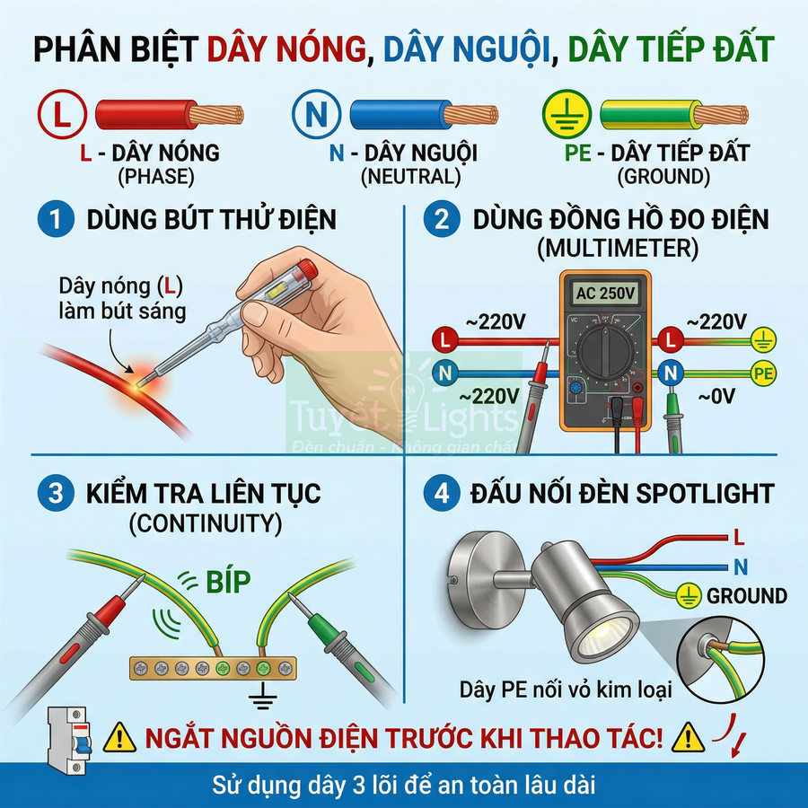 Hướng dẫn phân biệt dây nóng dây nguội dây tiếp đất và cách đấu nối an toàn cho đèn spotlight