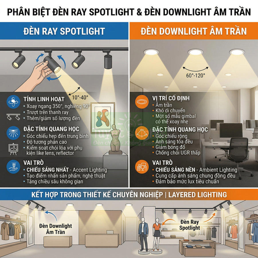 So sánh đèn ray spotlight và đèn downlight âm trần trong thiết kế chiếu sáng cửa hàng thời trang
