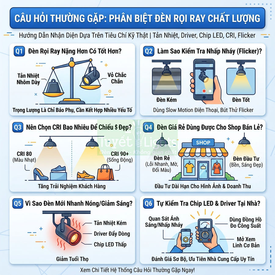 Infographic hướng dẫn phân biệt đèn rọi ray chất lượng cho shop bán lẻ và không gian trưng bày
