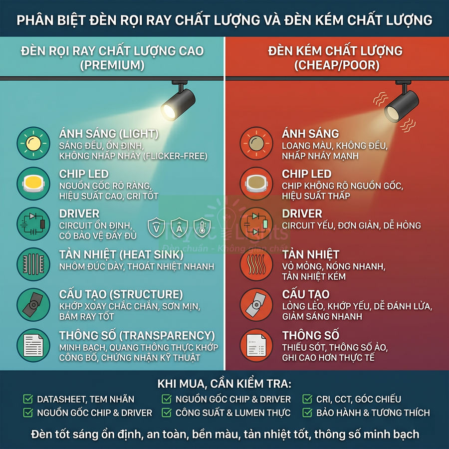 Cách phân biệt đèn rọi ray chất lượng và đèn kém chất lượng