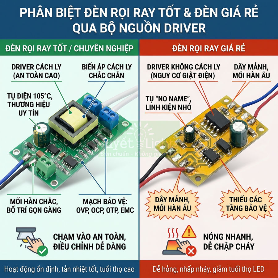 So sánh bộ nguồn driver đèn rọi ray tốt và đèn rọi ray giá rẻ với linh kiện và độ an toàn khác nhau