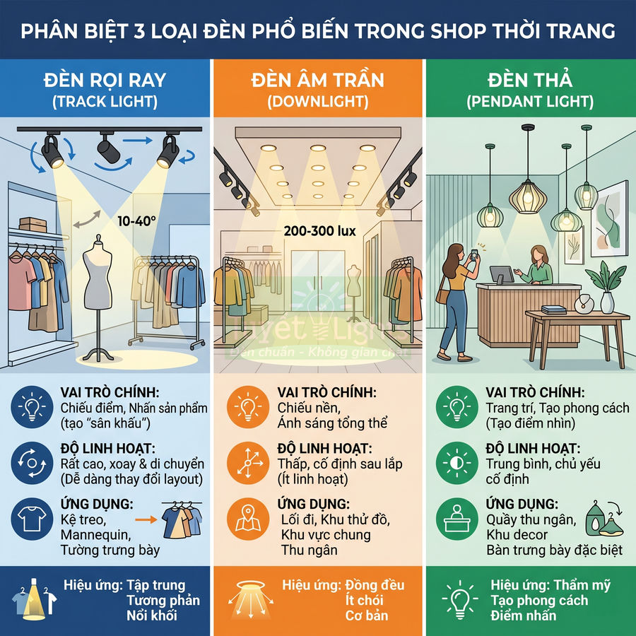 So sánh đèn rọi ray, đèn âm trần và đèn thả trong thiết kế chiếu sáng shop thời trang