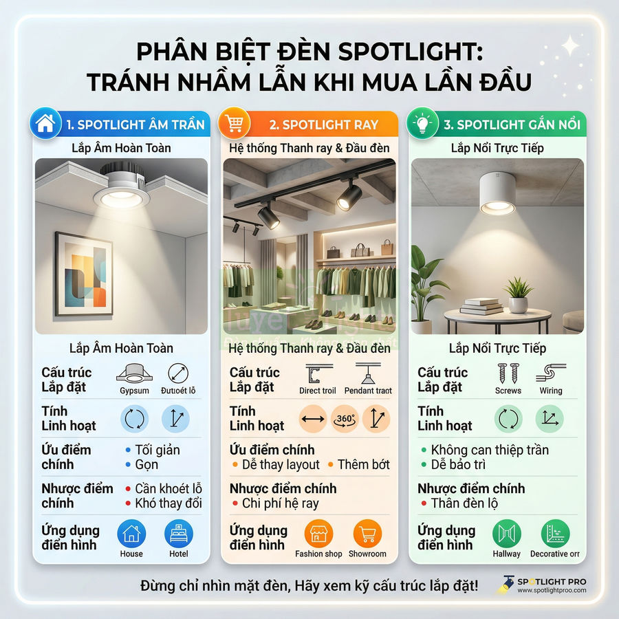 So sánh các loại đèn spotlight âm trần, spotlight ray và spotlight gắn nổi cùng ưu nhược điểm và ứng dụng