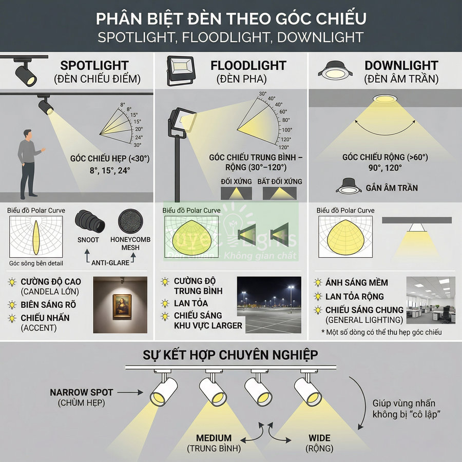 So sánh đèn spotlight, floodlight và downlight theo góc chiếu và phạm vi chiếu sáng