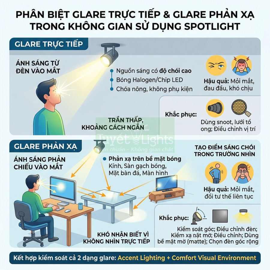 Minh họa phân biệt glare trực tiếp và glare phản xạ khi dùng đèn spotlight trong phòng làm việc và sinh hoạt