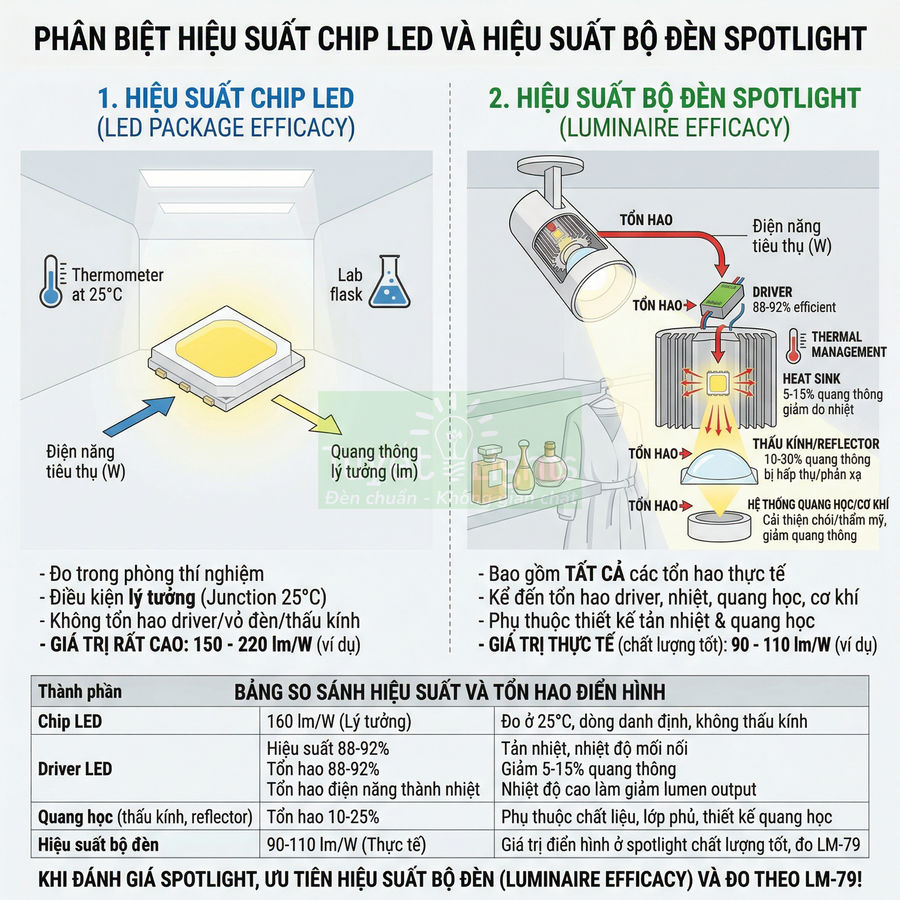 So sánh hiệu suất chip LED và hiệu suất bộ đèn spotlight kèm bảng tỉ lệ tổn hao điện năng