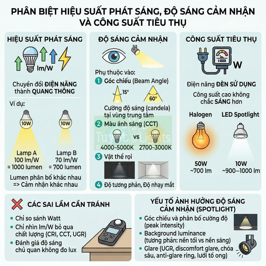 Infographic so sánh hiệu suất phát sáng, độ sáng cảm nhận và công suất tiêu thụ của đèn LED và đèn halogen