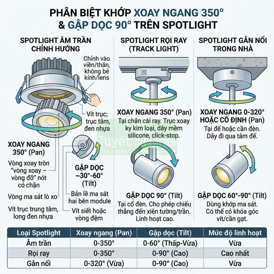 So sánh khớp xoay ngang và gập dọc trên các loại đèn spotlight âm trần, rọi ray, gắn nổi trong nhà