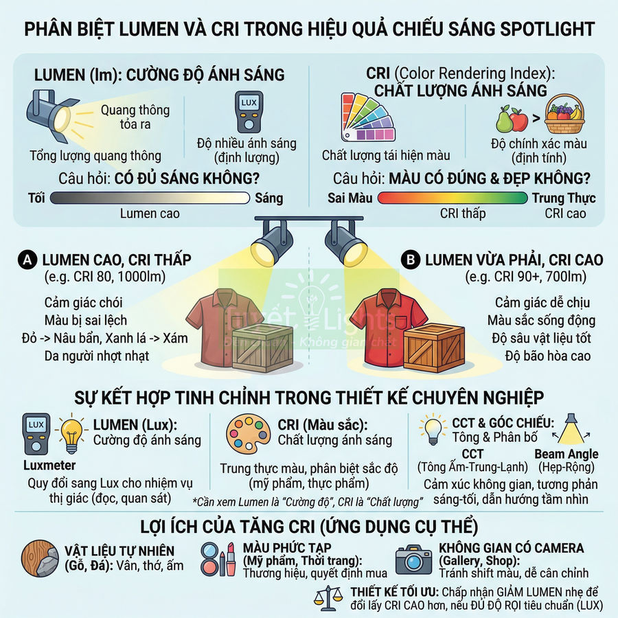 Infographic phân biệt lumen và CRI, minh họa hiệu quả chiếu sáng spotlight cho quần áo và vật liệu trưng bày