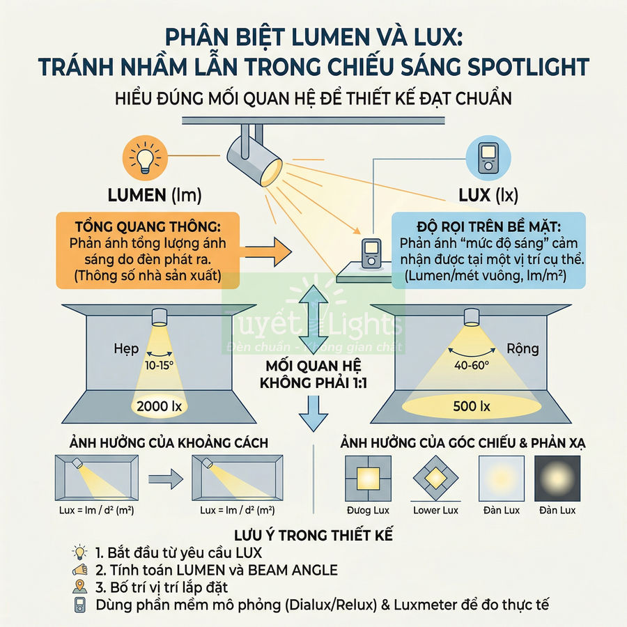 Infographic phân biệt lumen và lux trong thiết kế chiếu sáng spotlight của Tuyết Lights
