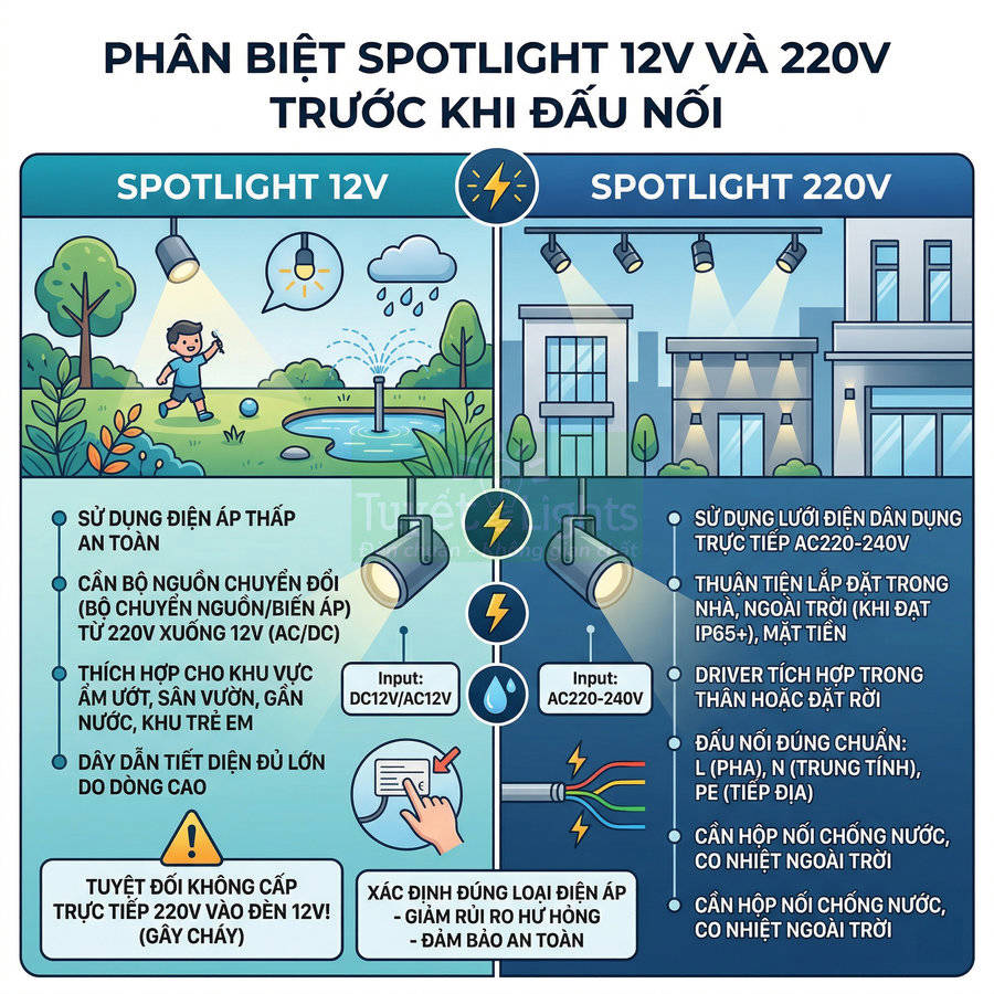 So sánh đèn spotlight 12V và spotlight 220V, hướng dẫn chọn đúng loại đèn và điện áp an toàn khi lắp đặt