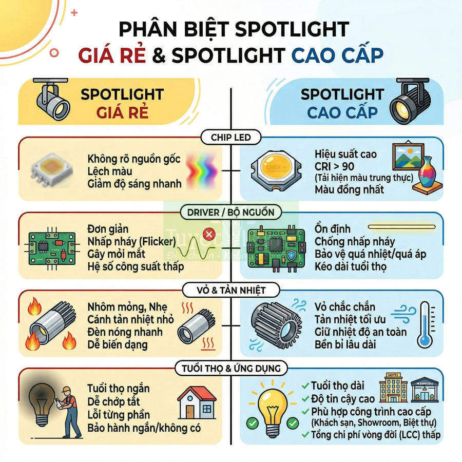 So sánh spotlight giá rẻ và spotlight cao cấp về chip LED, bộ nguồn, tản nhiệt, tuổi thọ và ứng dụng