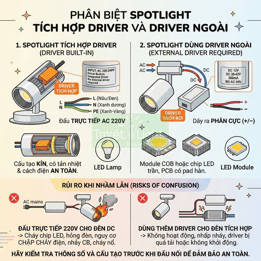 So sánh đèn spotlight LED tích hợp driver và dùng driver ngoài, cấu tạo, cách đấu nối và rủi ro khi lắp sai
