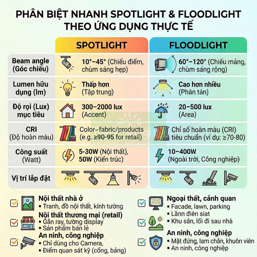 Bảng so sánh đèn spotlight và floodlight theo góc chiếu, độ sáng, công suất và ứng dụng nội thất ngoại thất