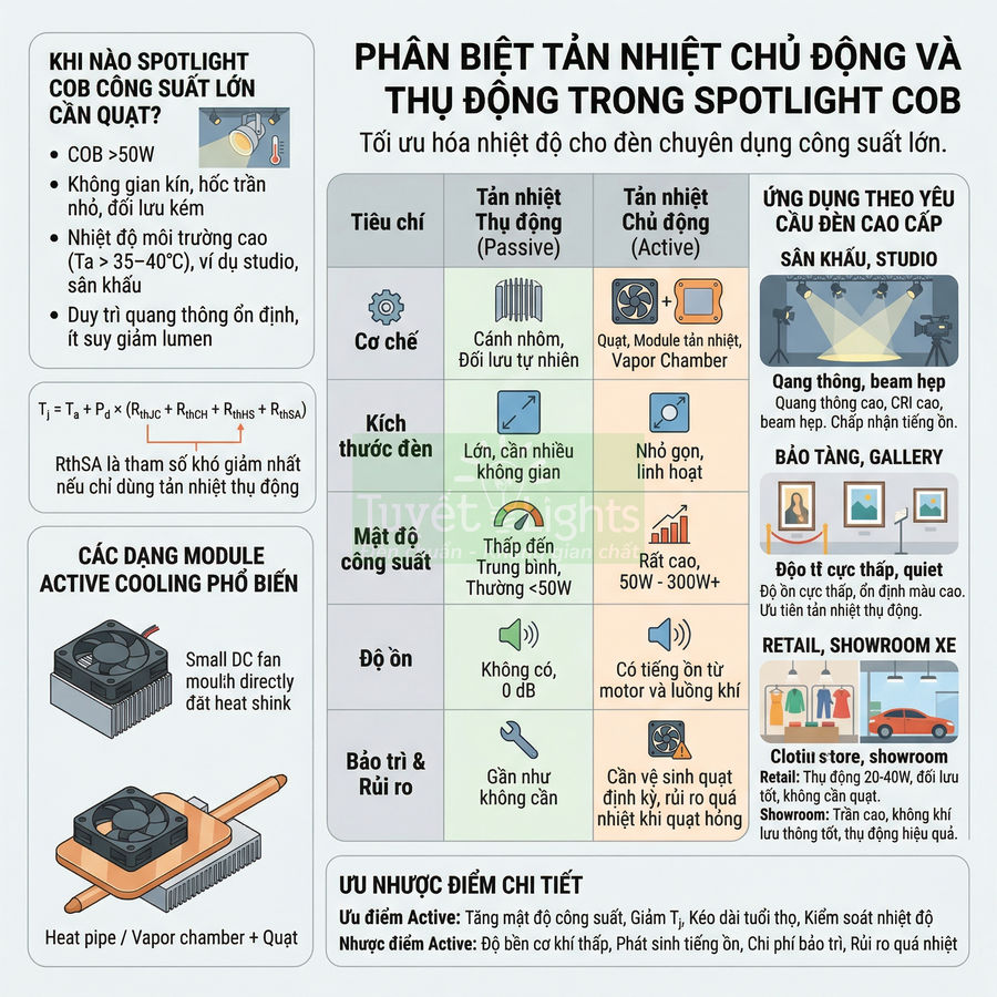 Infographic so sánh tản nhiệt chủ động và thụ động trong spotlight COB công suất lớn, ưu nhược điểm và ứng dụng thực tế