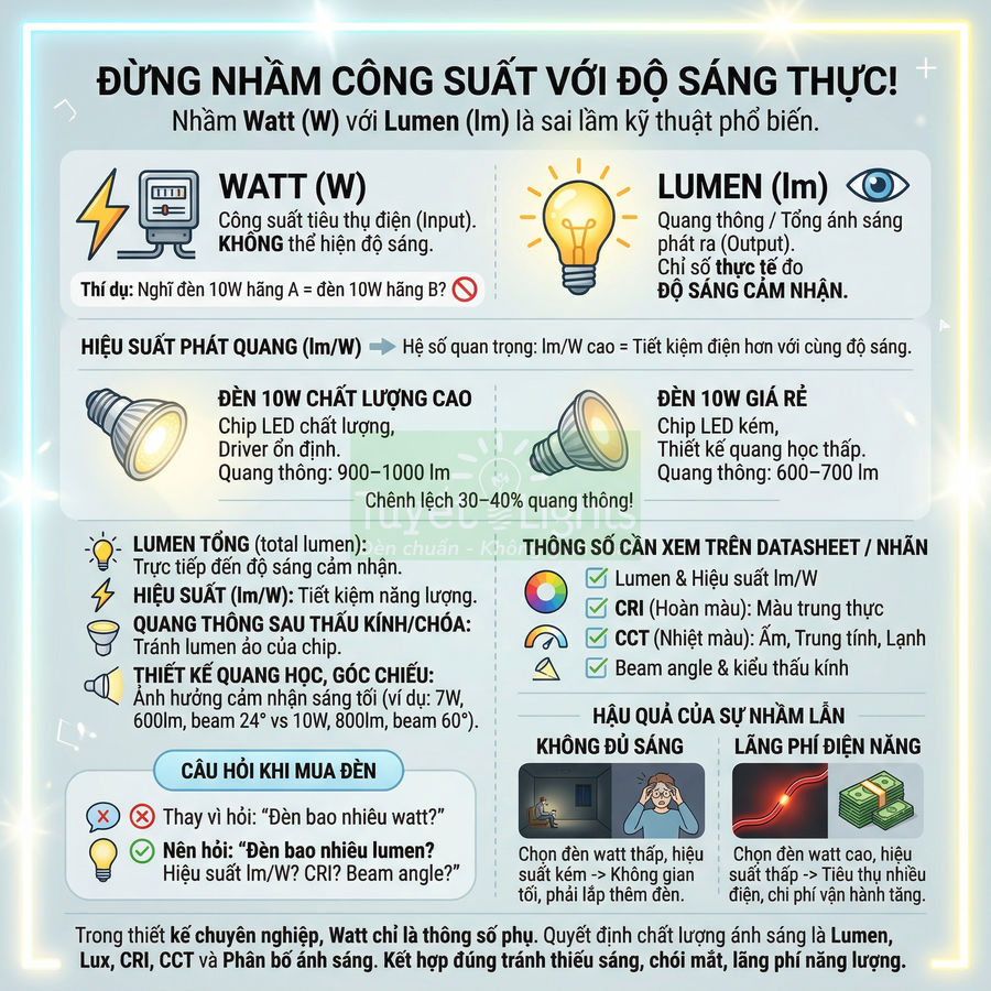 Infographic so sánh công suất Watt và độ sáng Lumen khi chọn mua đèn LED tiết kiệm điện