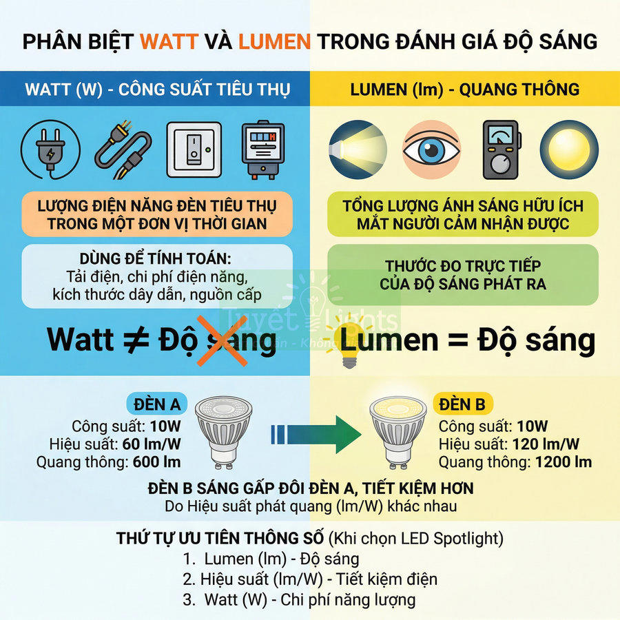 So sánh watt và lumen trong đánh giá độ sáng đèn LED, minh họa hai bóng đèn A và B cùng công suất