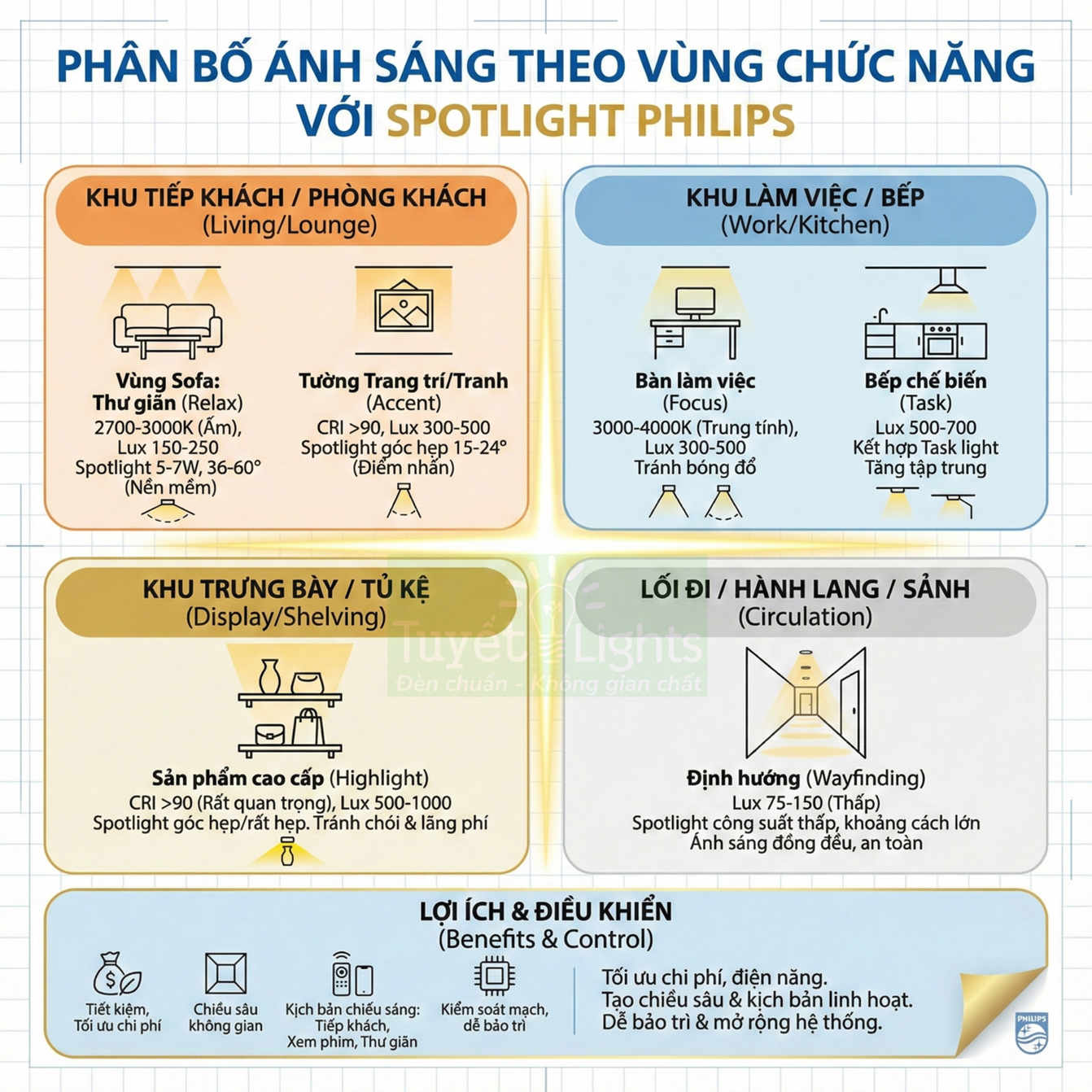 Hướng dẫn phân bố ánh sáng theo từng khu vực chức năng với đèn spotlight Philips trong nhà