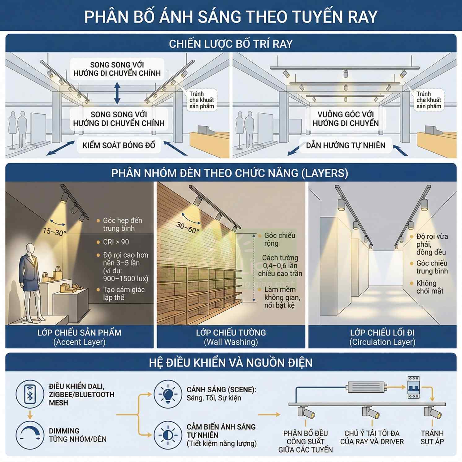 Sơ đồ bố trí đèn ray chiếu sáng cửa hàng với các lớp chiếu sản phẩm, tường và lối đi cùng hệ điều khiển thông minh