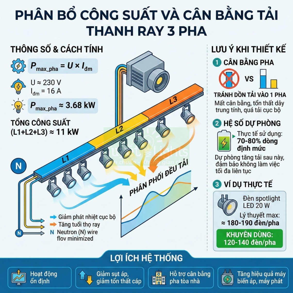 Sơ đồ phân bổ công suất và cân bằng tải cho hệ thống thanh ray 3 pha dùng đèn spotlight LED