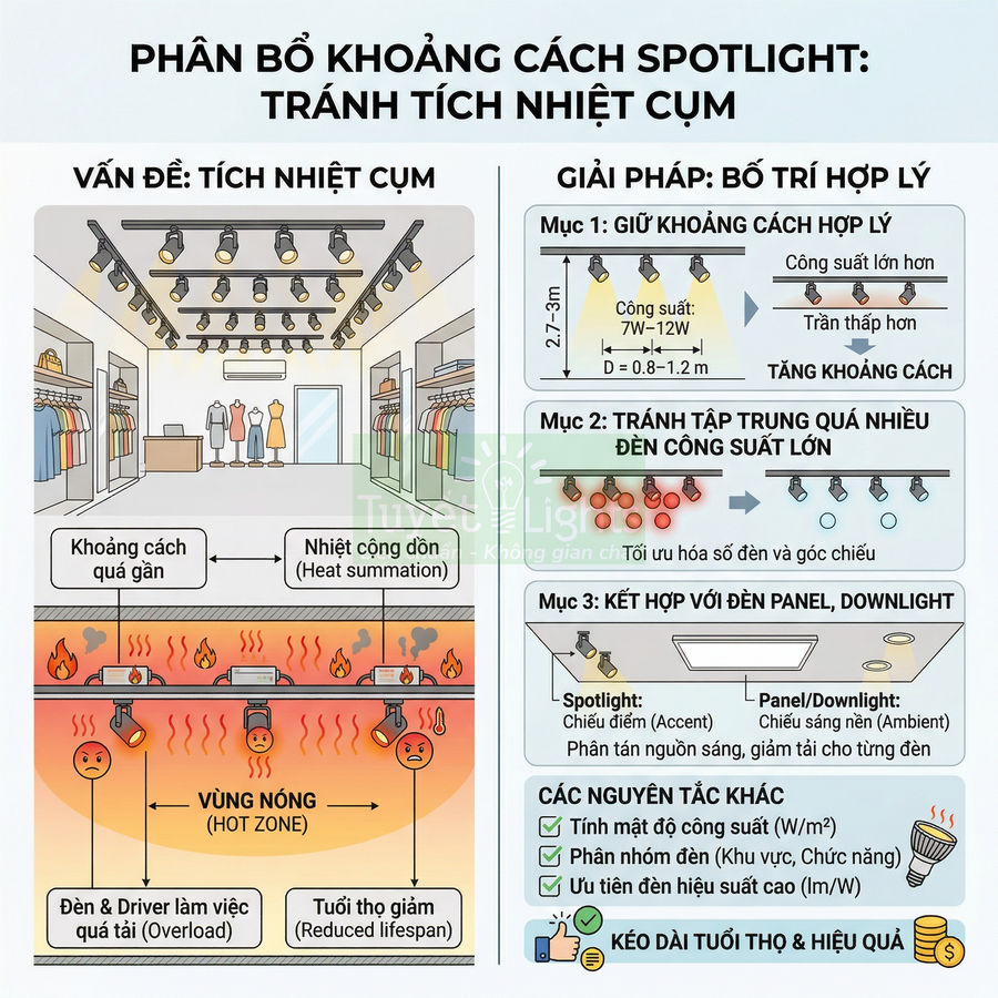 Infographic hướng dẫn bố trí đèn spotlight trong cửa hàng để tránh tích nhiệt và kéo dài tuổi thọ đèn