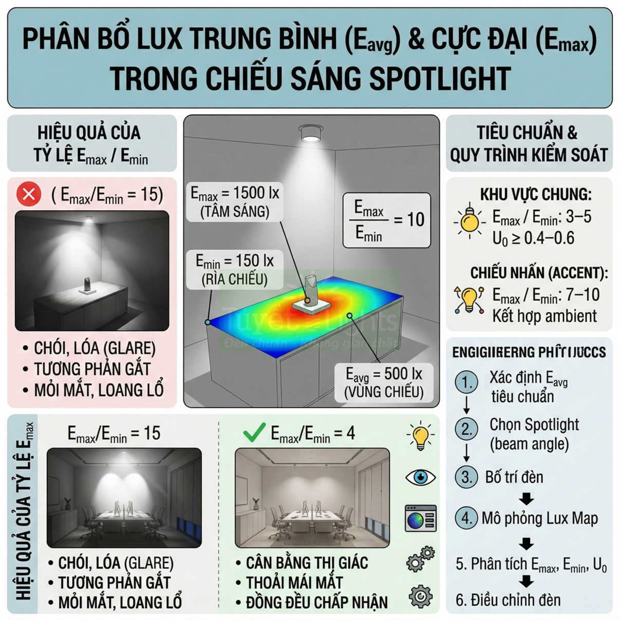 Minh họa phân bố độ rọi lux trung bình và cực đại trong chiếu sáng spotlight cho phòng họp và bàn trưng bày
