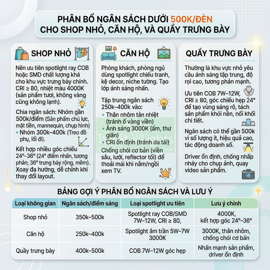 Infographic phân bổ ngân sách dưới 500k cho spotlight chiếu sáng shop nhỏ, căn hộ và quầy trưng bày