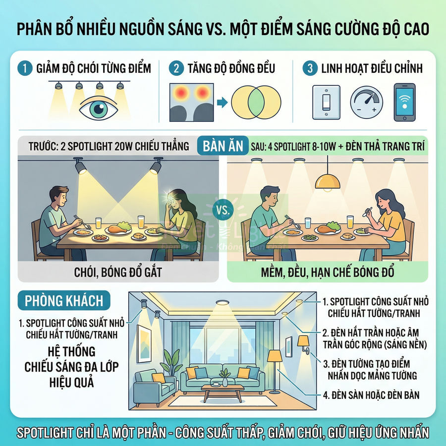 Minh họa so sánh hệ thống chiếu sáng nhiều nguồn và một điểm sáng mạnh cho bàn ăn và phòng khách