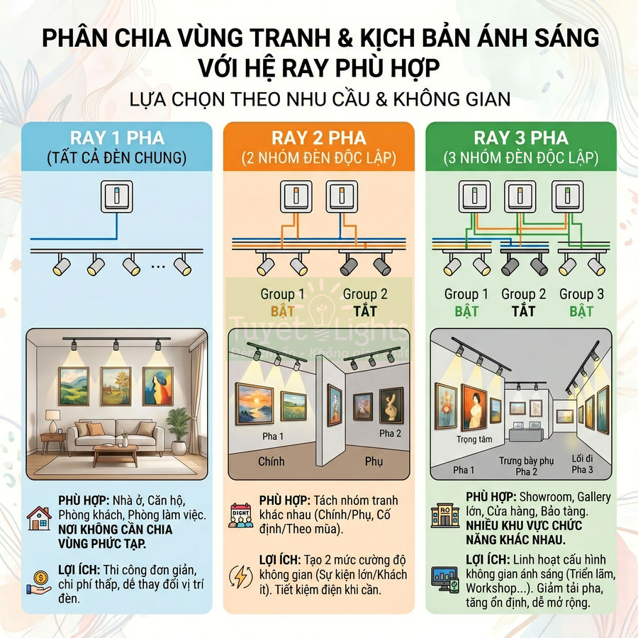 So sánh hệ ray đèn rọi tranh 1 pha, 2 pha, 3 pha và ứng dụng chiếu sáng cho từng không gian