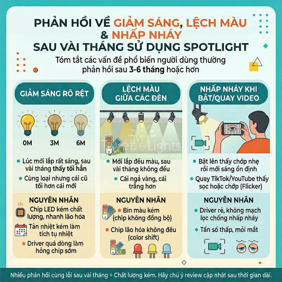 Infographic phản hồi về giảm sáng lệch màu nhấp nháy sau vài tháng sử dụng đèn LED spotlight