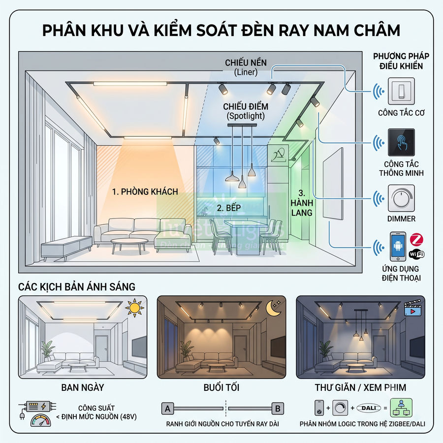 Sơ đồ phân khu và điều khiển hệ thống đèn ray nam châm cho phòng khách bếp hành lang trong nhà
