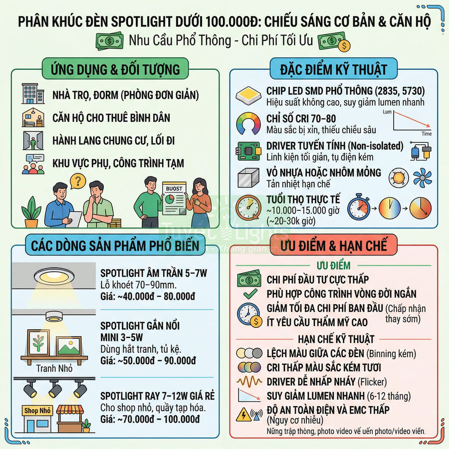 Infographic giới thiệu các dòng đèn spotlight giá rẻ dưới 100000 đồng, ứng dụng, đặc điểm kỹ thuật và ưu nhược điểm