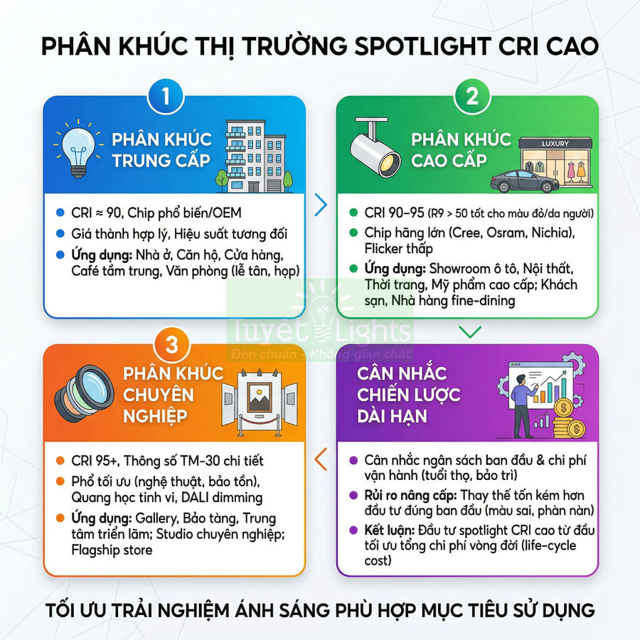 Infographic phân khúc thị trường đèn spotlight CRI cao cho trung cấp, cao cấp, chuyên nghiệp và chiến lược dài hạn