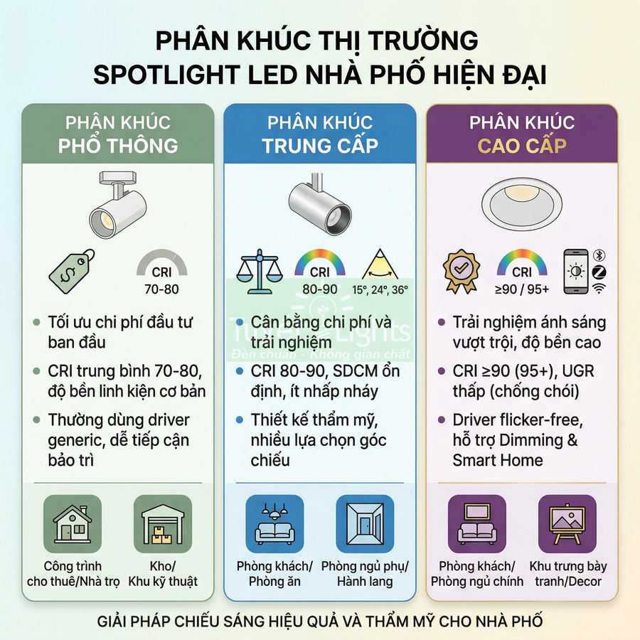 Bảng so sánh các phân khúc đèn spotlight LED nhà phố phổ thông, trung cấp và cao cấp cùng thông số CRI và ứng dụng