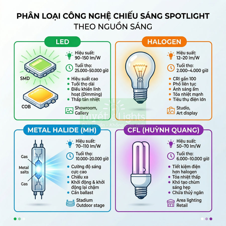 So sánh các loại đèn spotlight LED, halogen, metal halide và CFL theo hiệu suất và tuổi thọ