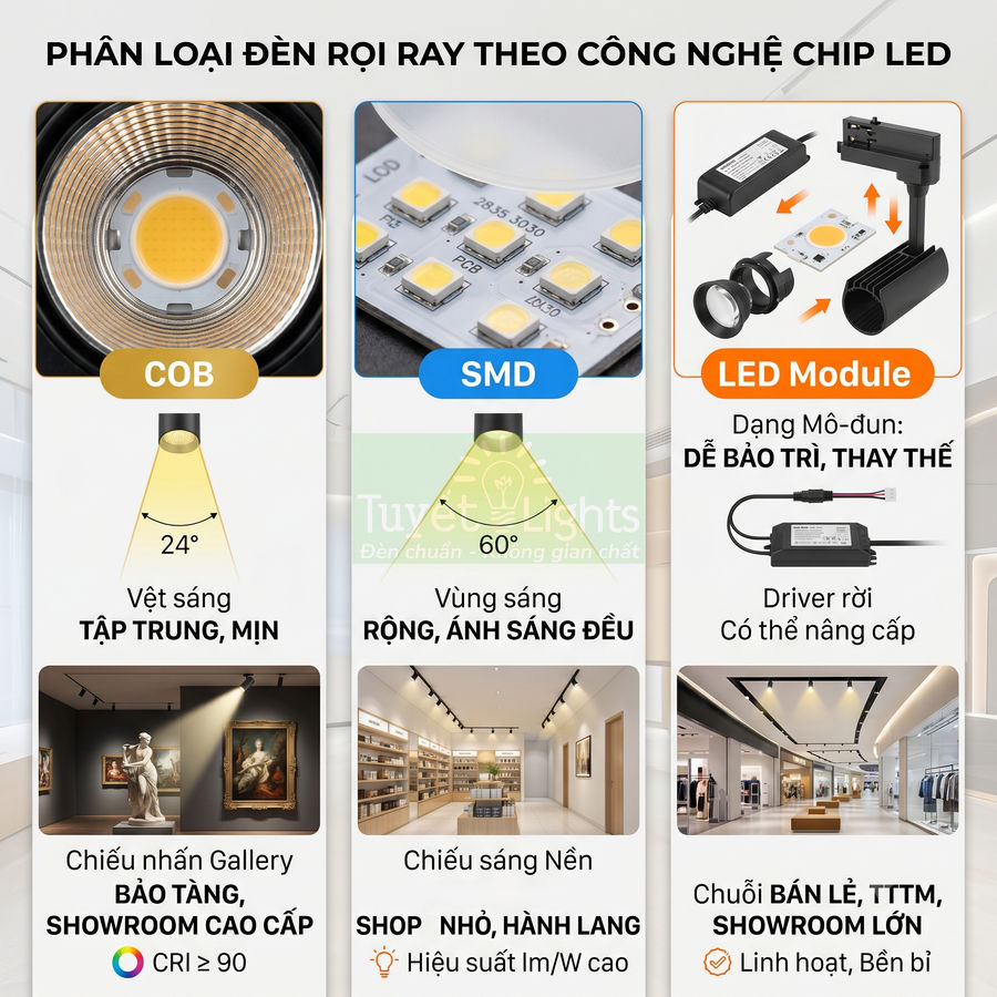 So sánh đèn rọi ray chip LED COB, SMD và LED module cho gallery, shop, showroom