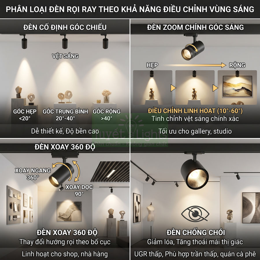Các loại đèn rọi ray LED điều chỉnh góc chiếu cho gallery, shop trưng bày sản phẩm nội thất