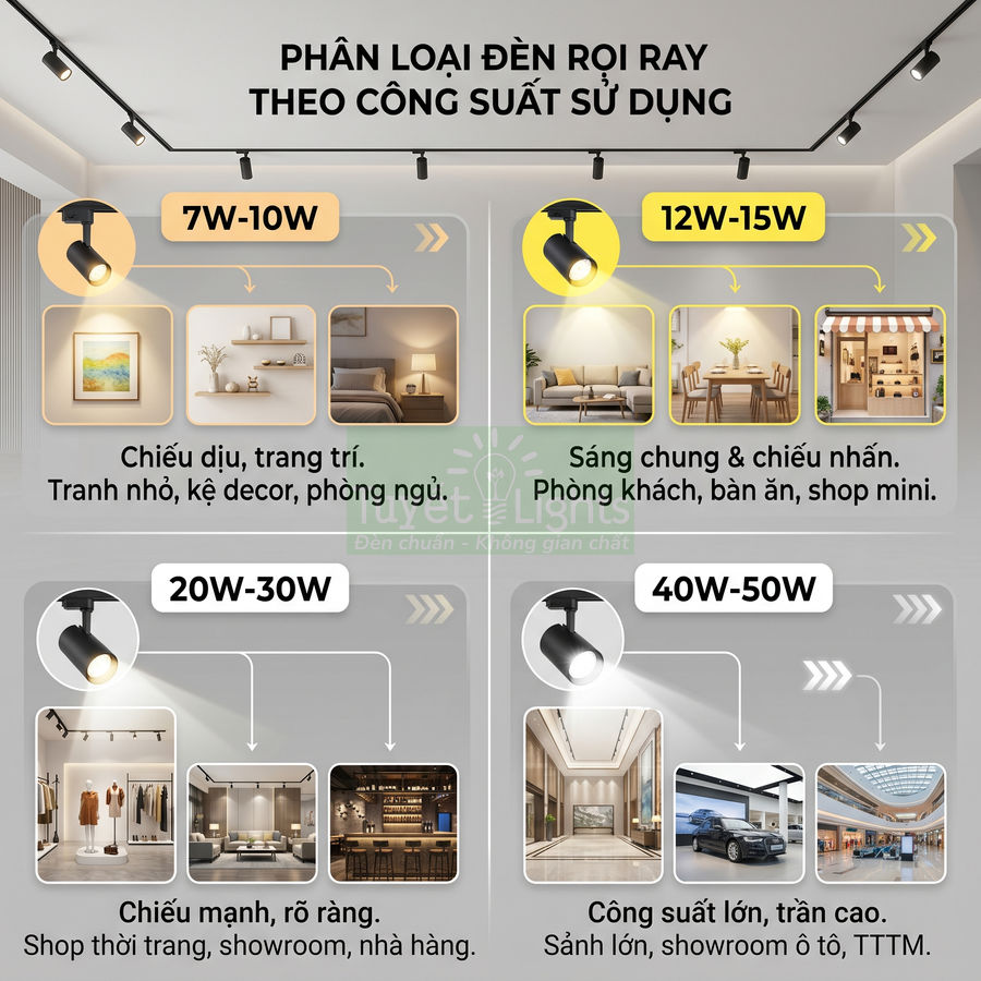 Phân loại đèn rọi ray theo công suất 7W đến 50W và gợi ý ứng dụng cho nhà ở, shop, showroom