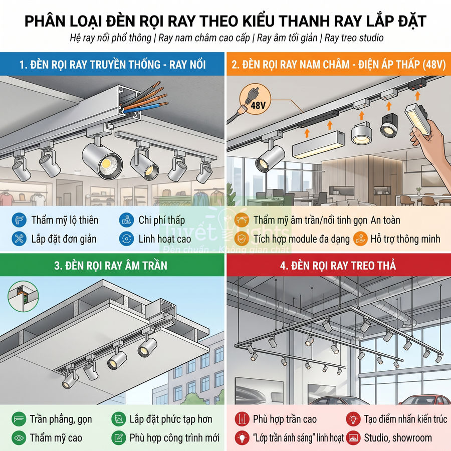 Các loại đèn rọi ray lắp đặt trên trần cho cửa hàng, văn phòng và showroom