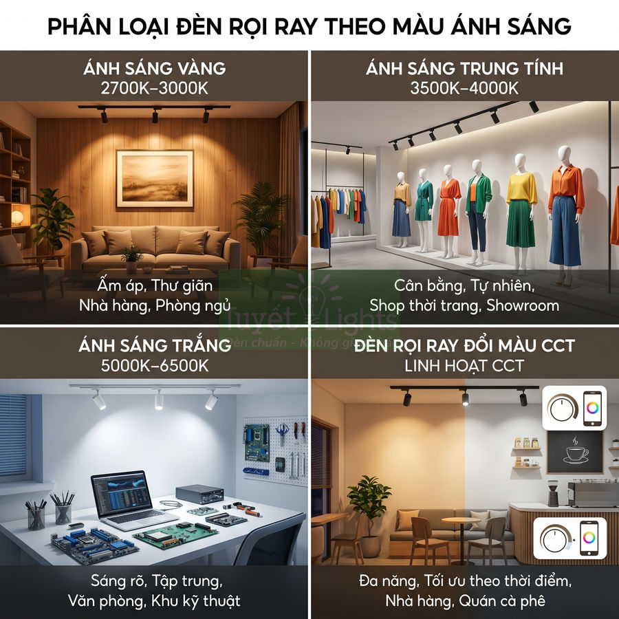 Đèn rọi ray LED với các màu ánh sáng vàng, trung tính, trắng và đổi màu CCT cho phòng khách, shop, văn phòng, quán cà phê