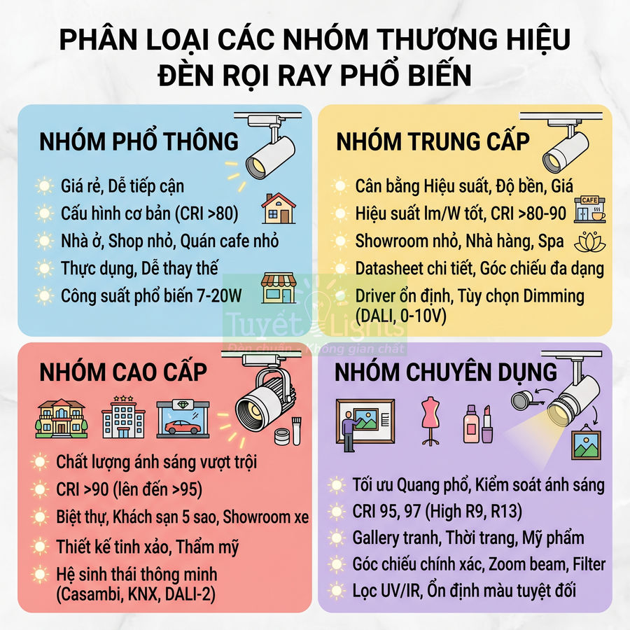 Infographic phân loại các nhóm thương hiệu đèn rọi ray phổ biến từ phổ thông đến cao cấp và chuyên dụng