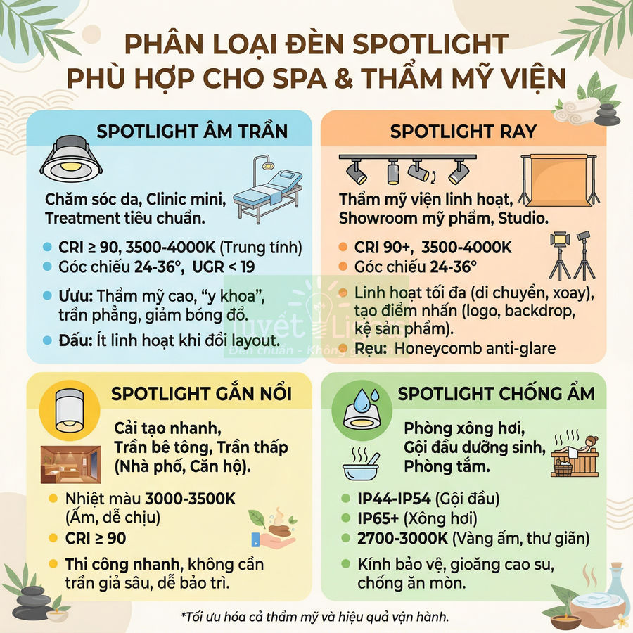 Phân loại các loại đèn spotlight âm trần, gắn nổi, ray và chống ẩm phù hợp cho spa và thẩm mỹ viện
