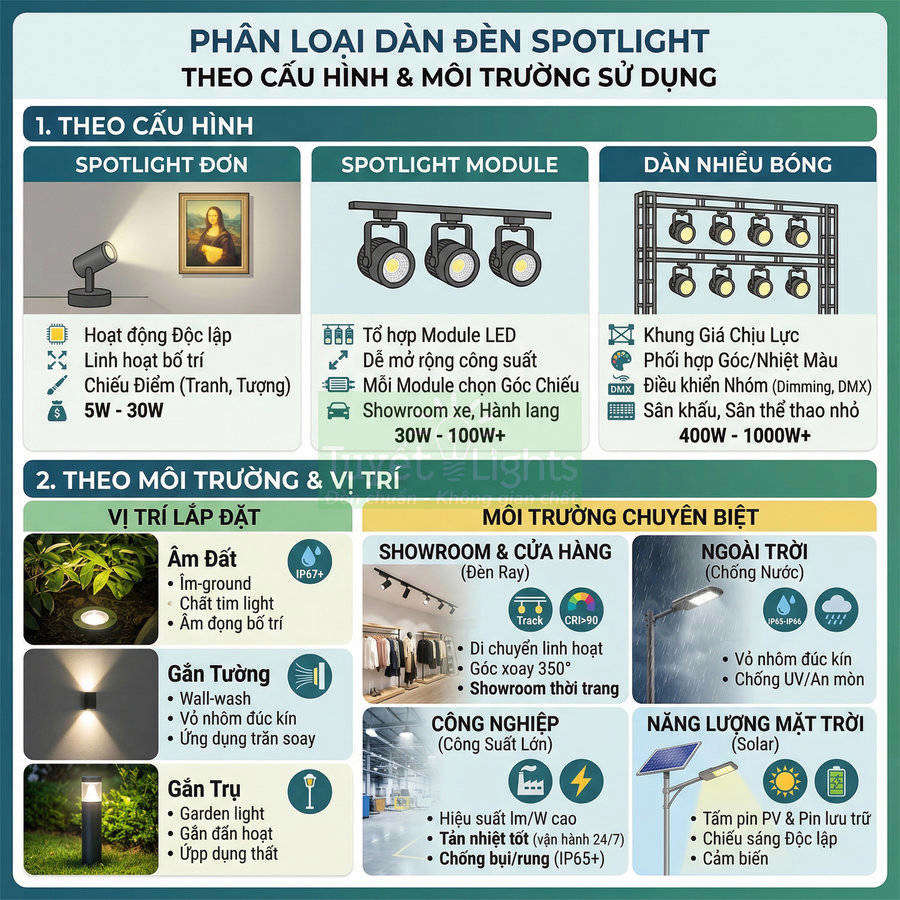 Bảng phân loại các loại đèn spotlight theo cấu hình, vị trí lắp đặt và môi trường sử dụng chi tiết