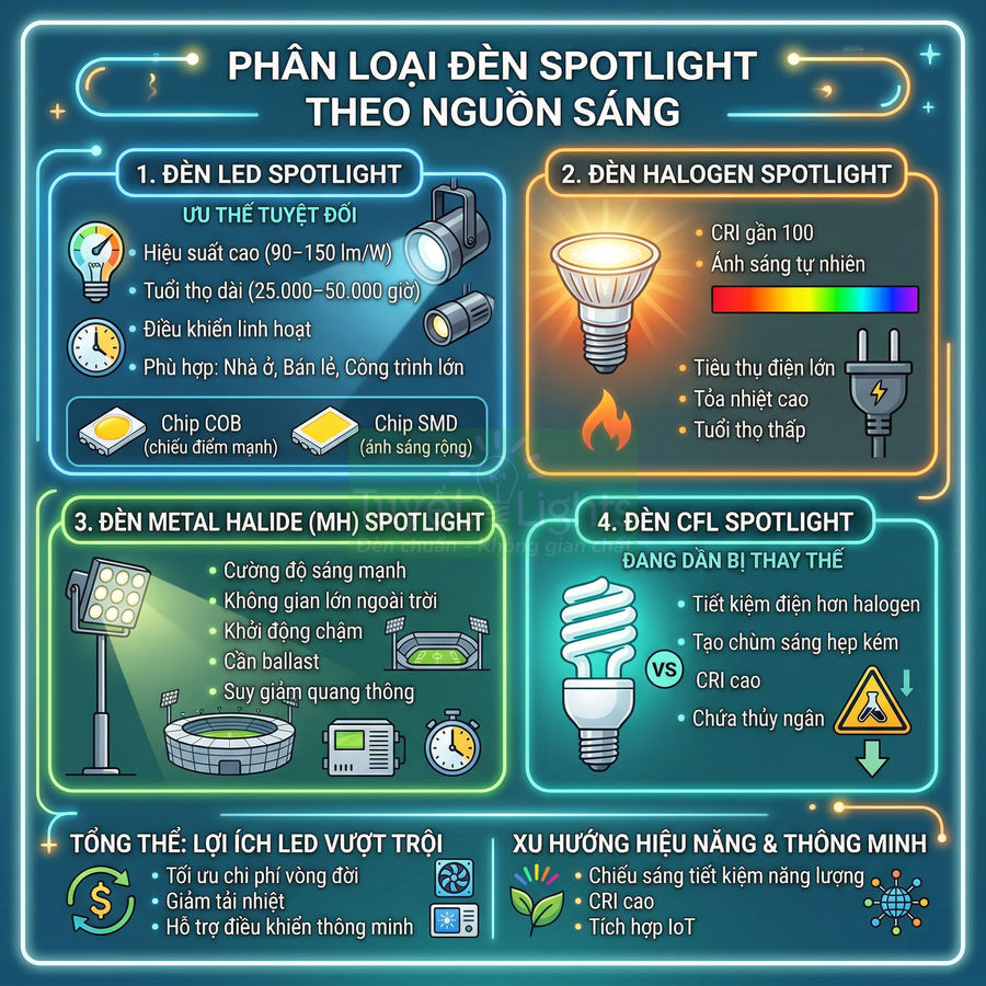 Đèn spotlight có những công nghệ chiếu sáng nào phổ biến